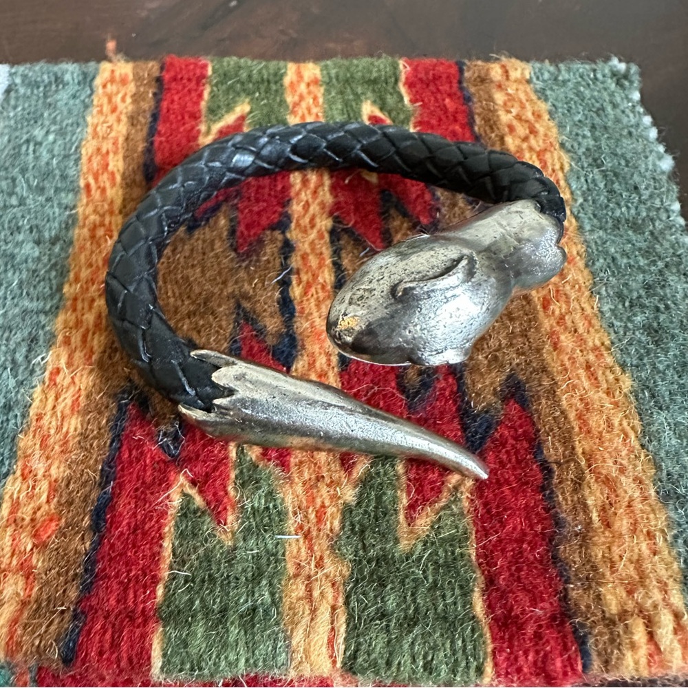 Sterling Silver and Leather Snake Bracelet (Ouroboros)